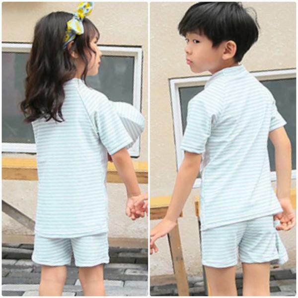 キッズ　ジュニア　女の子　男の子　子供　水着　半袖Tシャツ&ショートパンツ　帽子付き　日焼け防止　ボーダー　カジュアル　かわいい　キュート　海　プール　スイミング　スクール　ビーチ　リゾート　マリン　海水浴　ホワイト　S　M　L　XL　2XL　送料無料