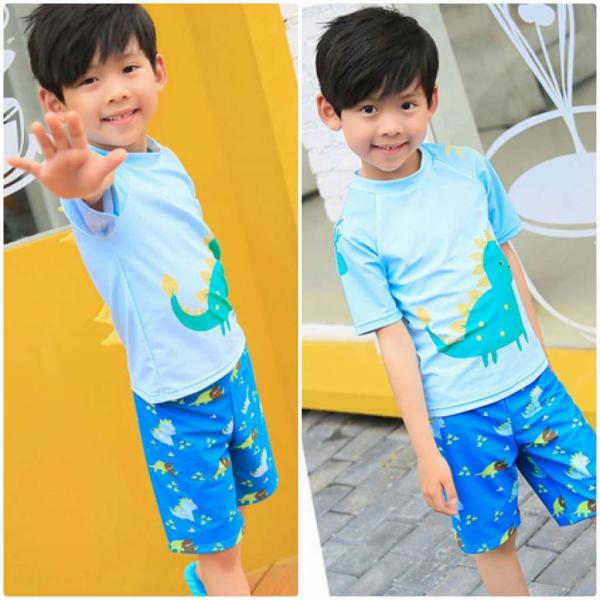 キッズ　ジュニア　男の子　子供　水着　半袖Tシャツ&ショートパンツ　日焼け防止　恐竜柄　カジュアル　かわいい　キュート　海　プール　スイミング　スクール　ビーチ　リゾート　マリン　海水浴　ブルー　S　M　L　XL　2XL　送料無料