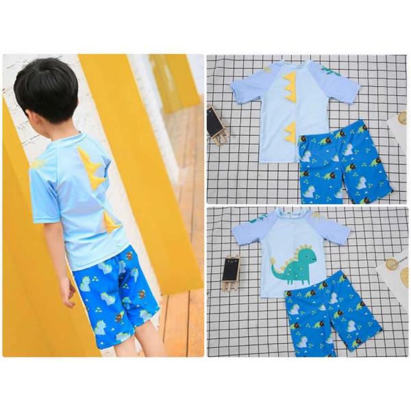 キッズ　ジュニア　男の子　子供　水着　半袖Tシャツ&ショートパンツ　日焼け防止　恐竜柄　カジュアル　かわいい　キュート　海　プール　スイミング　スクール　ビーチ　リゾート　マリン　海水浴　ブルー　S　M　L　XL　2XL　送料無料