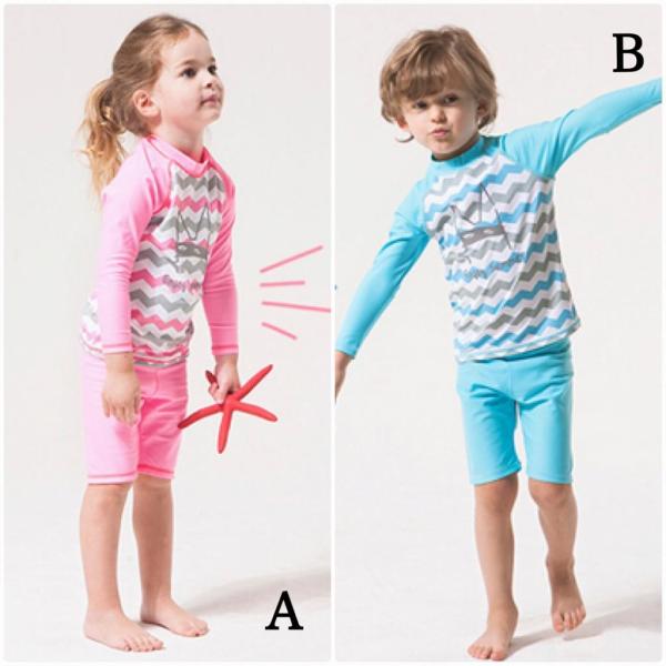 キッズ　ジュニア　女の子　男の子　子供　水着　ラッシュガード&ショートパンツ　長袖　日焼け防止　ボーダー　かわいい　キュート　海　プール　スイミング　スクール　ビーチ　リゾート　マリン　海水浴　ピンク　ブルー　M　L　XL　2XL　3XL　4XL　5XL　送料無料