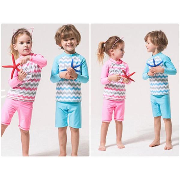キッズ　ジュニア　女の子　男の子　子供　水着　ラッシュガード&ショートパンツ　長袖　日焼け防止　ボーダー　かわいい　キュート　海　プール　スイミング　スクール　ビーチ　リゾート　マリン　海水浴　ピンク　ブルー　M　L　XL　2XL　3XL　4XL　5XL　送料無料