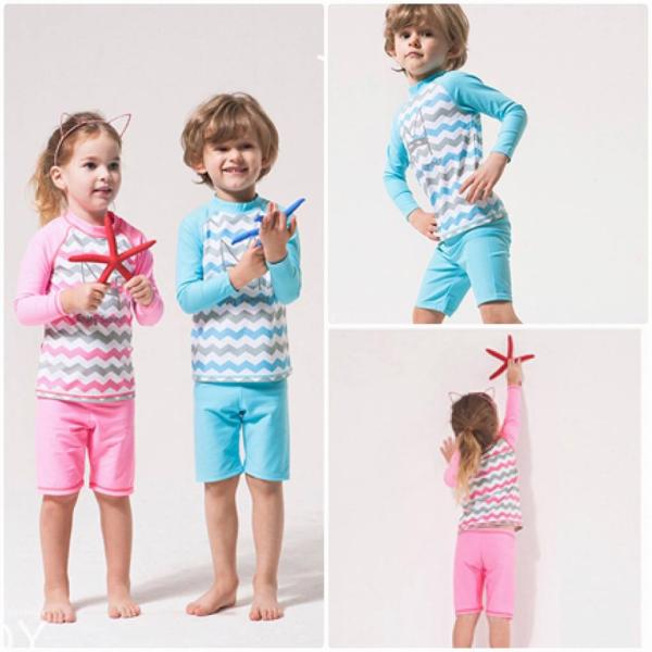 キッズ　ジュニア　女の子　男の子　子供　水着　ラッシュガード&ショートパンツ　長袖　日焼け防止　ボーダー　かわいい　キュート　海　プール　スイミング　スクール　ビーチ　リゾート　マリン　海水浴　ピンク　ブルー　M　L　XL　2XL　3XL　4XL　5XL　送料無料