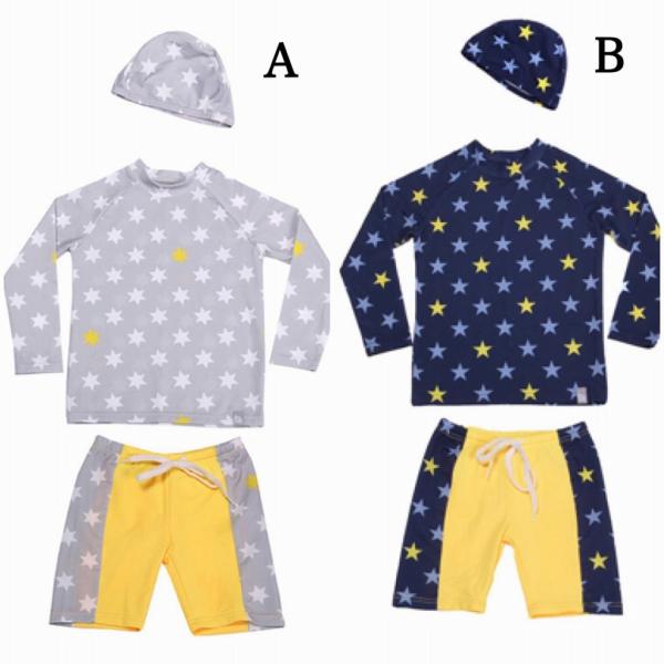 キッズ　ジュニア　男の子　子供　水着　ラッシュガード&ショートパンツ　長袖　帽子付き　日焼け防止　星柄　カジュアル　かわいい　キュート　海　プール　スイミング　スクール　ビーチ　リゾート　マリン　海水浴　グレー　ネイビー　M　L　XL　2XL　送料無料