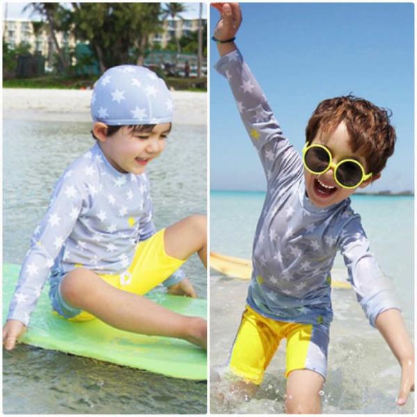 キッズ　ジュニア　男の子　子供　水着　ラッシュガード&ショートパンツ　長袖　帽子付き　日焼け防止　星柄　カジュアル　かわいい　キュート　海　プール　スイミング　スクール　ビーチ　リゾート　マリン　海水浴　グレー　ネイビー　M　L　XL　2XL　送料無料
