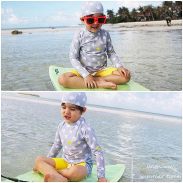 キッズ　ジュニア　男の子　子供　水着　ラッシュガード&ショートパンツ　長袖　帽子付き　日焼け防止　星柄　カジュアル　かわいい　キュート　海　プール　スイミング　スクール　ビーチ　リゾート　マリン　海水浴　グレー　ネイビー　M　L　XL　2XL　送料無料