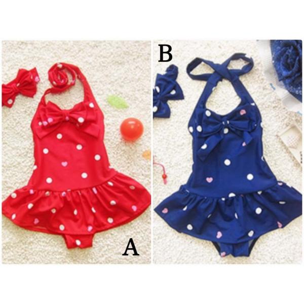 キッズ　ジュニア　女の子　子供　水着　ワンピース　水玉　ハート　ヘアバンド　カジュアル　かわいい　キュート　海　プール　スイミング　スクール　ビーチ　リゾート　マリン　海水浴　レッド　ブルー　S　M　L　XL　2XL　送料無料