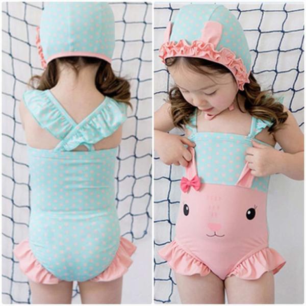 キッズ　女の子　水着　帽子付き　ワンピース　うさぎ　フリル　リボン　海　プール　スイミング　 スイムウェア　ビーチ　リゾート　マリン　海水浴　夏休み　旅行　可愛い　キュート　子供用　女児　女子　ジュニア　ピンク×ブルー　送料無料