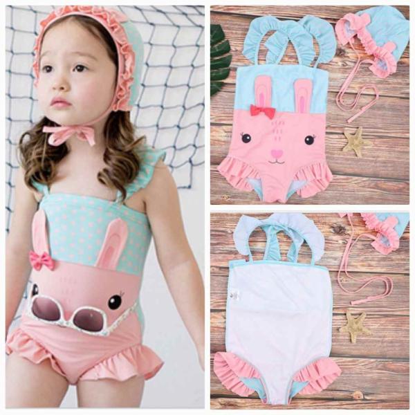 キッズ　女の子　水着　帽子付き　ワンピース　うさぎ　フリル　リボン　海　プール　スイミング　 スイムウェア　ビーチ　リゾート　マリン　海水浴　夏休み　旅行　可愛い　キュート　子供用　女児　女子　ジュニア　ピンク×ブルー　送料無料