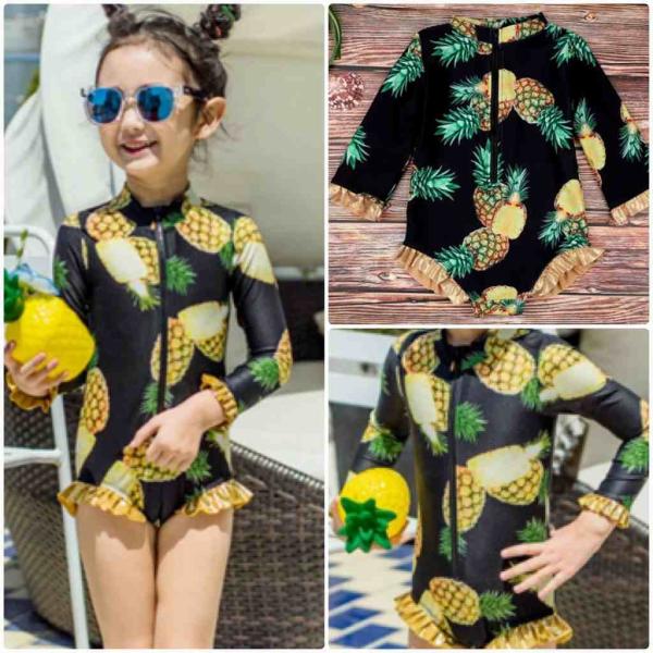 キッズ　女の子　水着　ラッシュガード　ワンピース　日焼け防止　パイナップル　長袖　海　プール　スイミング　 スイムウェア　ビーチ　リゾート　マリン　海水浴　夏休み　旅行　可愛い　キュート　子供用　女児　女子　ジュニア　ブラック　送料無料