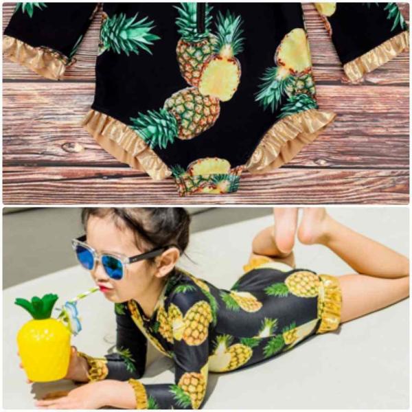 キッズ　女の子　水着　ラッシュガード　ワンピース　日焼け防止　パイナップル　長袖　海　プール　スイミング　 スイムウェア　ビーチ　リゾート　マリン　海水浴　夏休み　旅行　可愛い　キュート　子供用　女児　女子　ジュニア　ブラック　送料無料