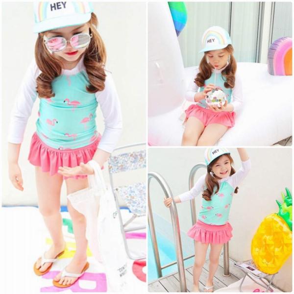 キッズ　女の子　水着　ラッシュガード　ワンピース　日焼け防止　フラミンゴ　長袖　海　プール　スイミング　 スイムウェア　ビーチ　リゾート　マリン　海水浴　夏休み　旅行　可愛い　キュート　子供用　女児　女子　ジュニア　ピンク　ブルー　送料無料