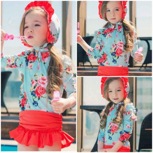 キッズ　女の子　水着　ラッシュガード　帽子付き　日焼け防止　花柄　ボタニカル柄　海　プール　スイミング　 スイムウェア　ビーチ　リゾート　マリン　海水浴　夏休み　旅行　可愛い　キュート　子供用　女児　女子　ジュニア　ブルー　レッド　送料無料