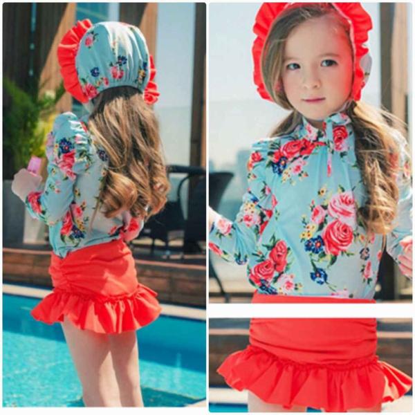 キッズ　女の子　水着　ラッシュガード　帽子付き　日焼け防止　花柄　ボタニカル柄　海　プール　スイミング　 スイムウェア　ビーチ　リゾート　マリン　海水浴　夏休み　旅行　可愛い　キュート　子供用　女児　女子　ジュニア　ブルー　レッド　送料無料
