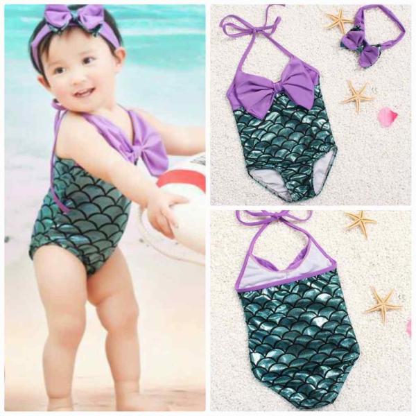 キッズ　女の子　水着　ワンピース　人魚　リボン　海　プール　スイミング　 スイムウェア　ビーチ　リゾート　マリン　海水浴　夏休み　旅行　可愛い　キュート　子供用　女児　女子　ジュニア　グリーン×パープル　送料無料