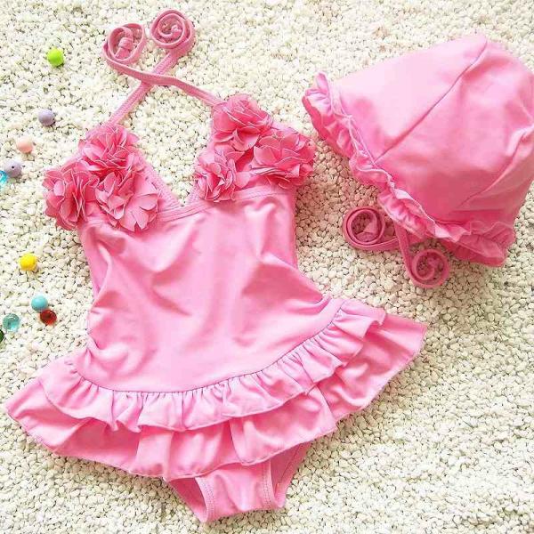 キッズ　女の子　水着　2点セット　帽子付き　スイムキャップ　ワンピース　フリル　海　プール　スイミング　 スイムウェア　水遊び　ビーチ　リゾート　マリン　海水浴　夏休み　旅行　可愛い　キュート　子供用　女児　女子　ジュニア　ピンク　送料無料