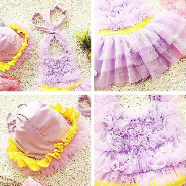 キッズ　女の子　水着　2点セット　帽子付き　スイムキャップ　ホルターネック　ワンピース　フリル　海　プール　スイミング　 スイムウェア　水遊び　海水浴　夏休み　旅行　可愛い　キュート　子供用　女児　女子　ジュニア　ピンク　レッド　パープル　送料無料