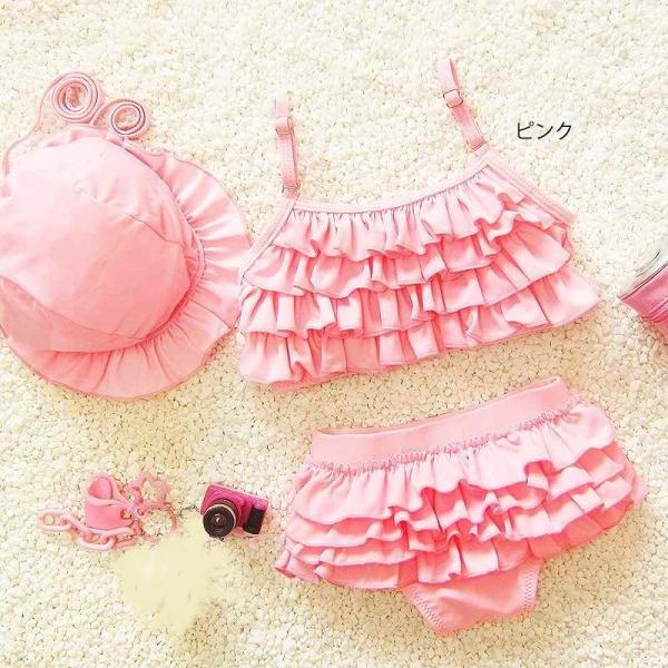 キッズ　女の子　水着　ビキニ　2点セット　帽子付き　スイムキャップ　フリル　セパレート　海　プール　水泳　スイミング　 スイムウェア　水遊び　海水浴　夏休み　旅行　可愛い　キュート　子供用　女児　女子　ジュニア　ブルー　パープル　ピンク　送料無料