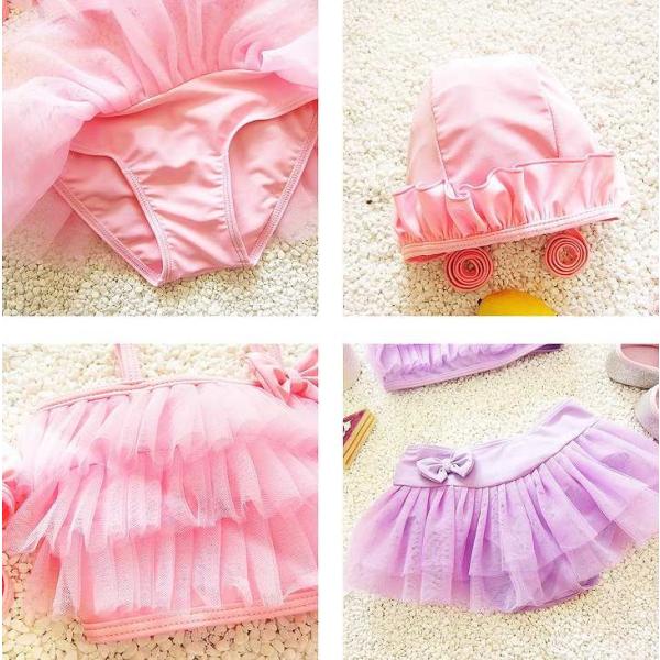 キッズ　女の子　水着　ビキニ　2点セット　帽子付き　フリル　セパレート　海　プール　水泳　スイミング　 スイムウェア　水遊び　ビーチ　リゾート　マリン　海水浴　夏休み　旅行　可愛い　キュート　子供用　女児　女子　ジュニア　ブルー　パープル　ピンク　送料無料