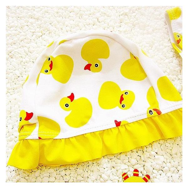 キッズ　女の子　水着　2点セット　帽子付き　アヒル柄　フリル　ワンピース　海　プール　スイミング　 スイムウェア　水遊び　ビーチ　リゾート　マリン　海水浴　夏休み　旅行　可愛い　キュート　子供用　女児　女子　ジュニア　イエロー　ピンク　送料無料