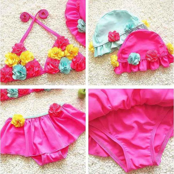 キッズ　女の子　水着　三角ビキニ　2点セット　帽子付き　花　セパレート　海　プール　水泳　スイミング　 スイムウェア　水遊び　ビーチ　リゾート　マリン　海水浴　夏休み　旅行　可愛い　キュート　子供用　女児　女子　ジュニア　ブルー　ピンク　送料無料