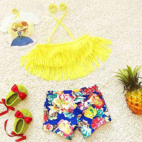 キッズ　女の子　水着　ビキニ　ボタニカル柄　パンツ　短パン　フリンジ　ホルターネック　セパレート　海　プール　水泳　スイミング　 スイムウェア　水遊び　海水浴　夏休み　旅行　可愛い　キュート　子供用　女児　女子　ジュニア　イエロー　送料無料