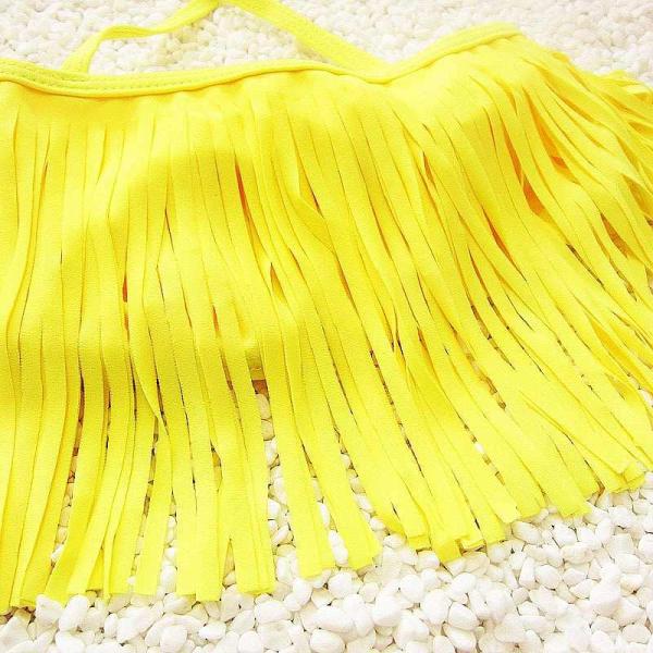 キッズ　女の子　水着　ビキニ　ボタニカル柄　パンツ　短パン　フリンジ　ホルターネック　セパレート　海　プール　水泳　スイミング　 スイムウェア　水遊び　海水浴　夏休み　旅行　可愛い　キュート　子供用　女児　女子　ジュニア　イエロー　送料無料