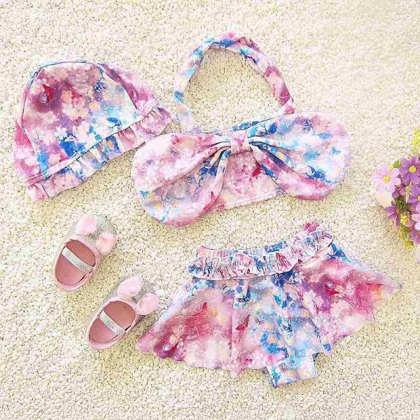 キッズ　女の子　水着　2点セット　帽子付き　ビキニ　フレア　花柄　リボン　ホルターネック　セパレート　海　プール　水泳　スイミング　 スイムウェア　水遊び　海水浴　夏休み　旅行　可愛い　キュート　子供用　女児　女子　ジュニア　ピンク　送料無料