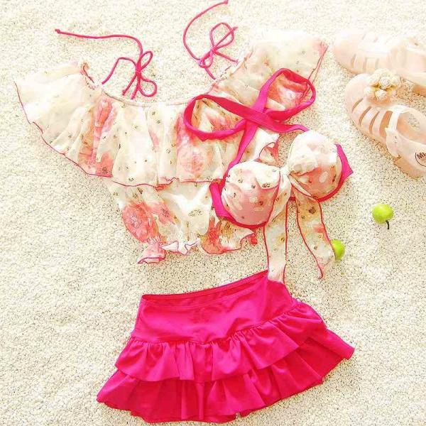 レディース　女の子　水着　2点セット　ビキニ　トップス　フレア　花柄　ホルターネック　セパレート　海　プール　水泳　スイミング　 スイムウェア　水遊び　ビーチ　海水浴　夏休み　学生　旅行　可愛い　キュート　女子　ピンク　送料無料