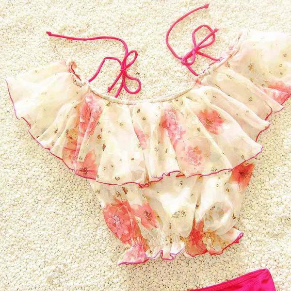 レディース　女の子　水着　2点セット　ビキニ　トップス　フレア　花柄　ホルターネック　セパレート　海　プール　水泳　スイミング　 スイムウェア　水遊び　ビーチ　海水浴　夏休み　学生　旅行　可愛い　キュート　女子　ピンク　送料無料