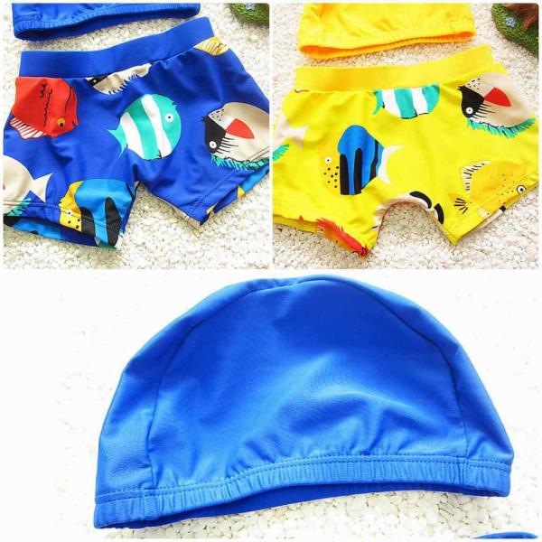 キッズ　男の子　水着　2点セット　パンツ　帽子付き　キャップ　海　プール　水泳　スイミング　 スイムウェア　ビーチ　リゾート　マリン　海水浴　夏休み　旅行　可愛い　キュート　子供用　男児　男子　ジュニア　ブルー　イエロー　送料無料