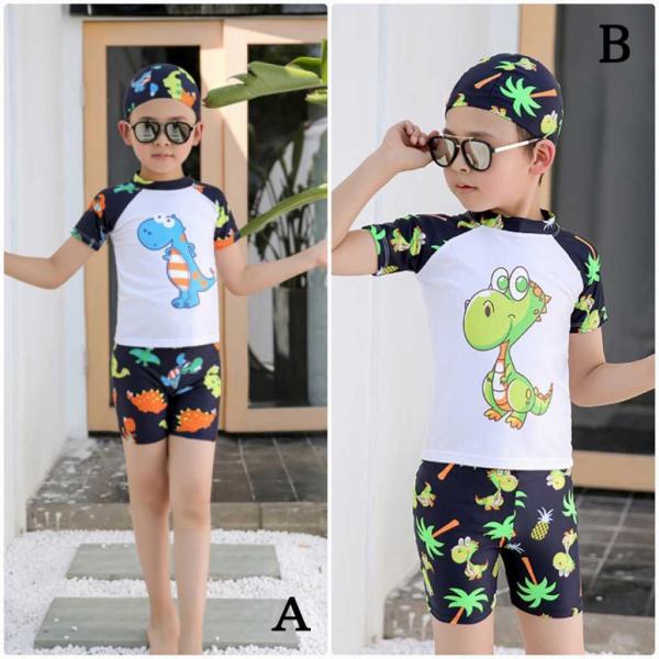 キッズ　男の子　水着　3点セット　帽子付き　ラッシュガード　半袖　セパレート　ショートパンツ　短パン　スイムパンツ　サーフパンツ　海　プール　水泳　スイミング　 スイムウェア　水遊び　海水浴　子供用　男児　男子　ジュニア　ネイビー　ブラック　送料無料