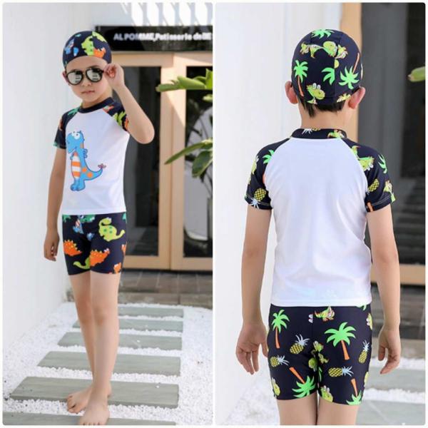 キッズ　男の子　水着　3点セット　帽子付き　ラッシュガード　半袖　セパレート　ショートパンツ　短パン　スイムパンツ　サーフパンツ　海　プール　水泳　スイミング　 スイムウェア　水遊び　海水浴　子供用　男児　男子　ジュニア　ネイビー　ブラック　送料無料