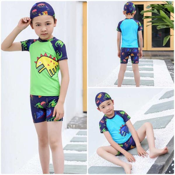キッズ　男の子　水着　3点セット　帽子付き　ラッシュガード　半袖　セパレート　ショートパンツ　短パン　スイムパンツ　サーフパンツ　海　プール　水泳　スイミング　 スイムウェア　水遊び　海水浴　子供用　男児　男子　ジュニア　ネイビー　ブラック　送料無料