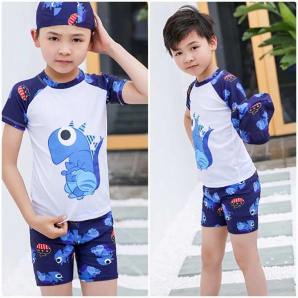 キッズ　男の子　水着　3点セット　帽子付き　ラッシュガード　半袖　セパレート　ショートパンツ　短パン　スイムパンツ　サーフパンツ　海　プール　水泳　スイミング　 スイムウェア　水遊び　海水浴　子供用　男児　男子　ジュニア　ネイビー　ブラック　送料無料