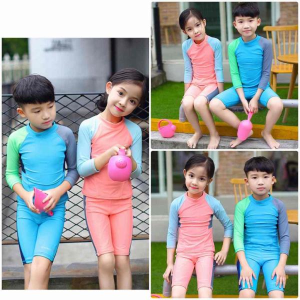 キッズ　女の子　男の子　水着　ラッシュガード　セパレート　日焼け防止　長袖　ショートパンツ　短パン　スイムパンツ　海　プール　スイミング　 スイムウェア　海水浴　夏休み　旅行　可愛い　キュート　子供用　女児　女子　ジュニア　ブルー　ピンク　送料無料