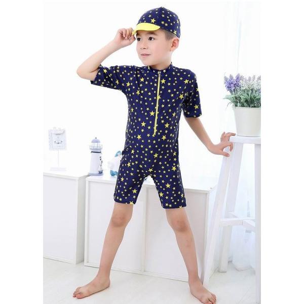 キッズ　ジュニア　男の子　子供　水着　スイムウェア　ウェットスーツ　星　スター　帽子付き　カジュアル　かわいい　キュート　海　プール　スイミング　スクール　ビーチ　リゾート　マリン　海水浴　ブルー　M　L　XL　送料無料