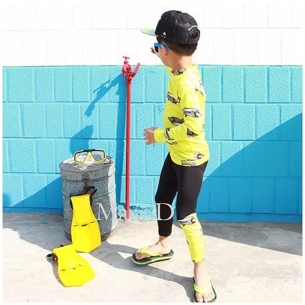 キッズ　ジュニア　男の子　子供　水着　スイムウェア　セットアップ　長袖&7分丈パンツ　魚　プリント　カジュアル　かわいい　キュート　海　プール　スイミング　スクール　ビーチ　リゾート　マリン　海水浴　イエロー　ブルー　M　L　XL　2XL　3XL　4XL　送料無料