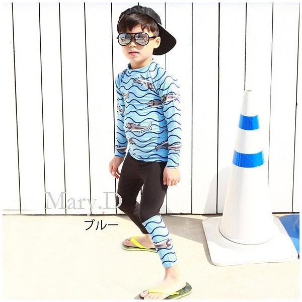 キッズ　ジュニア　男の子　子供　水着　スイムウェア　セットアップ　長袖&7分丈パンツ　魚　プリント　カジュアル　かわいい　キュート　海　プール　スイミング　スクール　ビーチ　リゾート　マリン　海水浴　イエロー　ブルー　M　L　XL　2XL　3XL　4XL　送料無料
