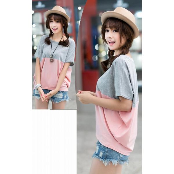 レディース　トップス　ドルマン　カットソー　ラウンドネック　半袖　無地　バイカラー　カジュアル　大人可愛い　フェミニン　キュート　オフィス　デート　お出かけ　デイリー　普段着　レッド　ピンク　ネイビー　M　L　XL　2XL　3XL　送料無料