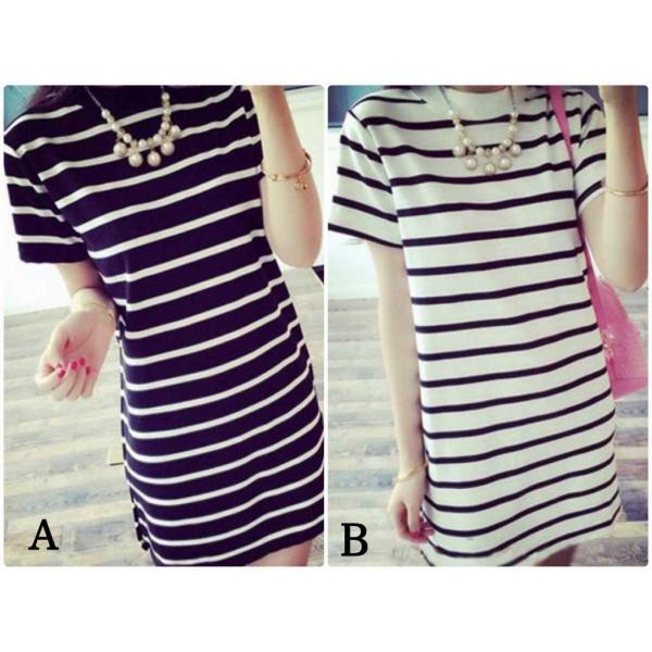 レディース　大きいサイズ　ボーダー　半袖　ミニ丈　スカート　トップス　カジュアル　キュート　大人　可愛い　フェミニン　おしゃれ　お出かけ　デイリー　普段着　ブラック×ホワイト　ホワイト×ブラック　M　L　XL　2XL　送料無料