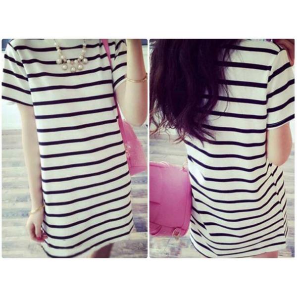 レディース　大きいサイズ　ボーダー　半袖　ミニ丈　スカート　トップス　カジュアル　キュート　大人　可愛い　フェミニン　おしゃれ　お出かけ　デイリー　普段着　ブラック×ホワイト　ホワイト×ブラック　M　L　XL　2XL　送料無料