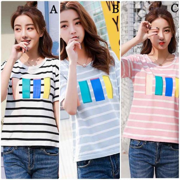 レディース　大きいサイズ　ボーダー　Tシャツ　プリント　半袖　ショートスリーブ　夏　春　トップス　カジュアル　キュート　大人　可愛い　フェミニン　おしゃれ　お出かけ　普段着　デイリー　ブルー　ブラック　ピンク　M　L　XL　2XL　送料無料