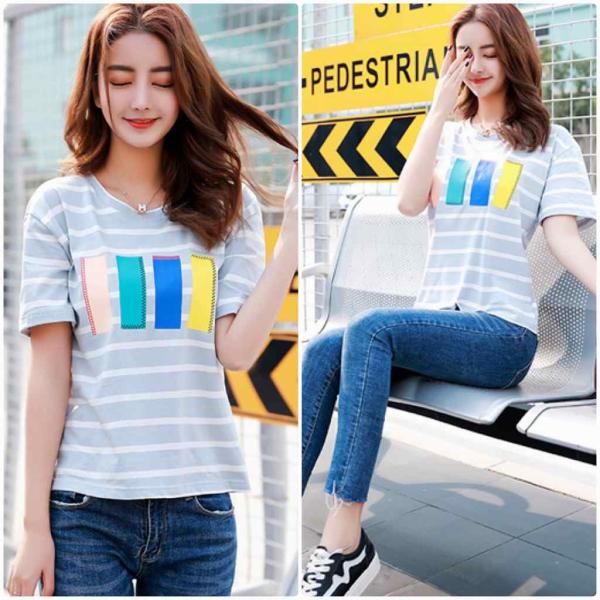 レディース　大きいサイズ　ボーダー　Tシャツ　プリント　半袖　ショートスリーブ　夏　春　トップス　カジュアル　キュート　大人　可愛い　フェミニン　おしゃれ　お出かけ　普段着　デイリー　ブルー　ブラック　ピンク　M　L　XL　2XL　送料無料