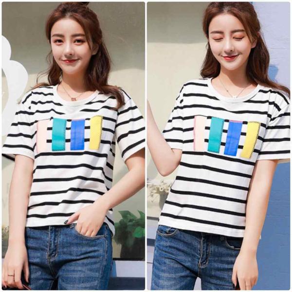 レディース　大きいサイズ　ボーダー　Tシャツ　プリント　半袖　ショートスリーブ　夏　春　トップス　カジュアル　キュート　大人　可愛い　フェミニン　おしゃれ　お出かけ　普段着　デイリー　ブルー　ブラック　ピンク　M　L　XL　2XL　送料無料