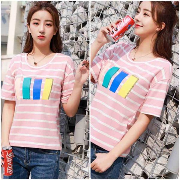 レディース　大きいサイズ　ボーダー　Tシャツ　プリント　半袖　ショートスリーブ　夏　春　トップス　カジュアル　キュート　大人　可愛い　フェミニン　おしゃれ　お出かけ　普段着　デイリー　ブルー　ブラック　ピンク　M　L　XL　2XL　送料無料