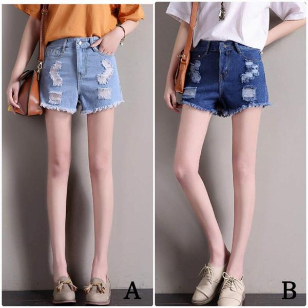 レディース　ハイウエスト　クラッシュ加工　ダメージ　デニム　ショートパンツ　ショーツ　短パン　カットオフ　ジーパン　ジーンズ　ボトムス　カジュアル　可愛い　おしゃれ　お出かけ　デイリー　普段着　ブルー　ライトブルー　S　M　L　XL　サイズ　送料無料