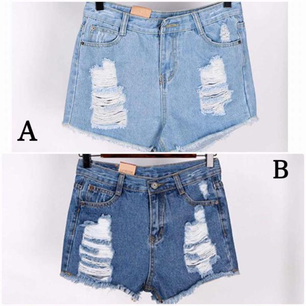 レディース　大きいサイズ　ハイウエスト　クラッシュ加工　ダメージ　カットオフデニム　ショートパンツ　ショーツ　短パン　ジーパン　ジーンズ　ボトムス　カジュアル　キュート　可愛い　おしゃれ　お出かけ　デイリー　普段着　ライトブルー　ブルー　送料無料