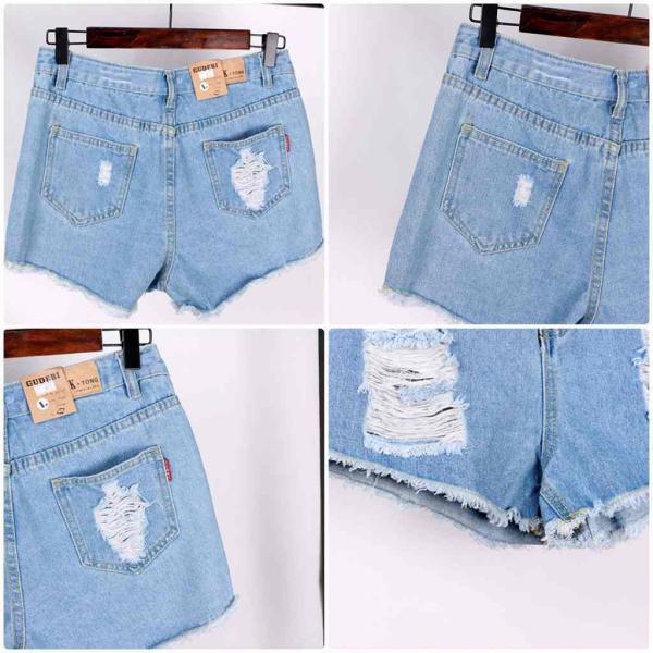 レディース　大きいサイズ　ハイウエスト　クラッシュ加工　ダメージ　カットオフデニム　ショートパンツ　ショーツ　短パン　ジーパン　ジーンズ　ボトムス　カジュアル　キュート　可愛い　おしゃれ　お出かけ　デイリー　普段着　ライトブルー　ブルー　送料無料