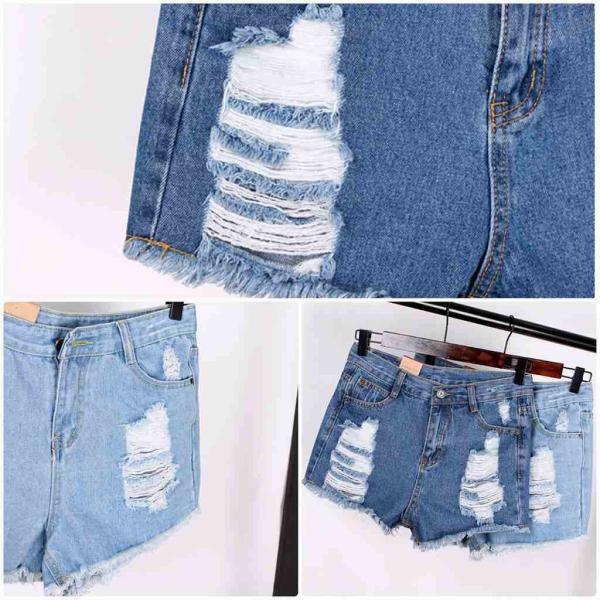 レディース　大きいサイズ　ハイウエスト　クラッシュ加工　ダメージ　カットオフデニム　ショートパンツ　ショーツ　短パン　ジーパン　ジーンズ　ボトムス　カジュアル　キュート　可愛い　おしゃれ　お出かけ　デイリー　普段着　ライトブルー　ブルー　送料無料