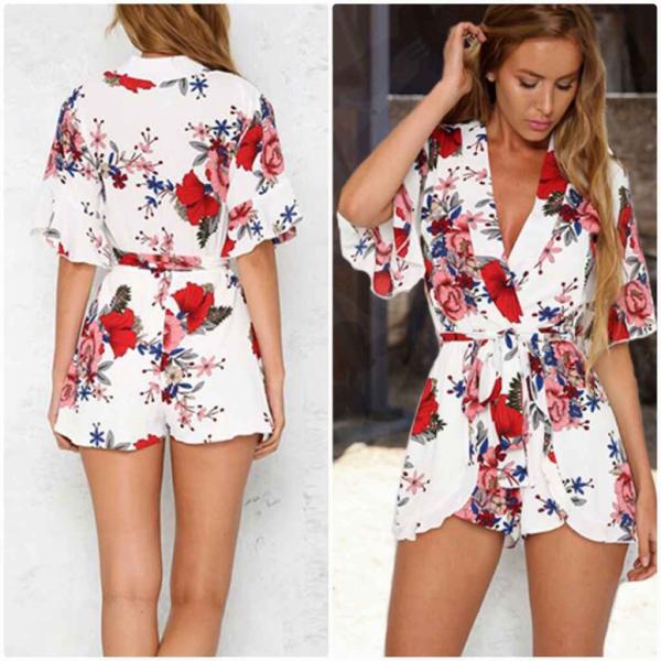 レディース　Vネック　ワンピース　花柄　ボタニカル柄　春　夏　カジュアル　キュート　可愛い　フェミニン　きれいめ　上品　エレガント　おしゃれ　お出かけ　デイリー　普段着　ネイビー　ホワイト　S　M　L　XL　サイズ　送料無料